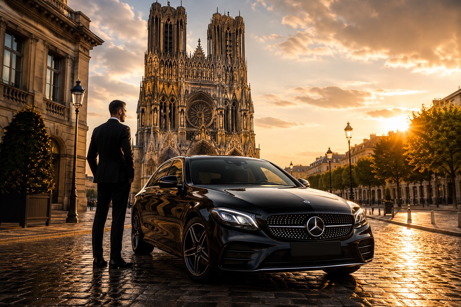 Berline noire devant la cathédrale de Reims
