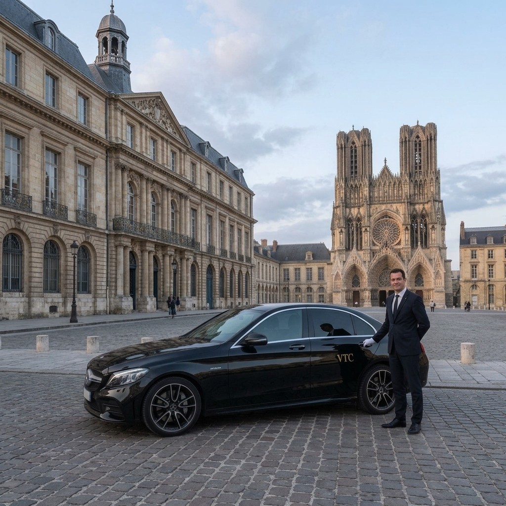 Chauffeur en costume à côté d’une berline noire avec macaron VTC, devant la cathédrale de Reims