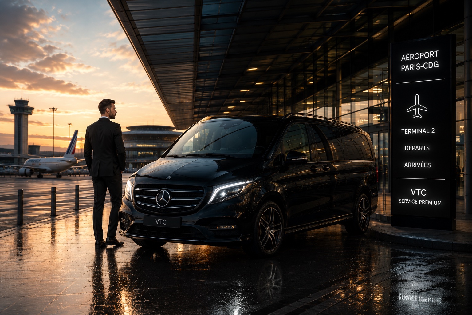 Van noir devant un terminal de l’aéroport Paris-Charles de Gaulle