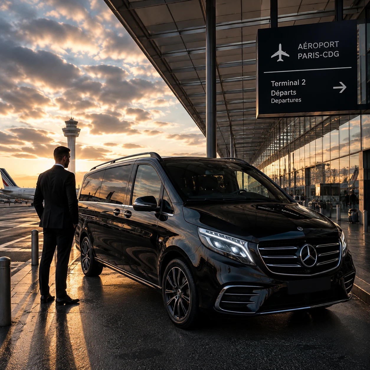 Chauffeur en costume à côté d’un van noir, devant le terminal 2 de l’aéroport Paris-CDG
