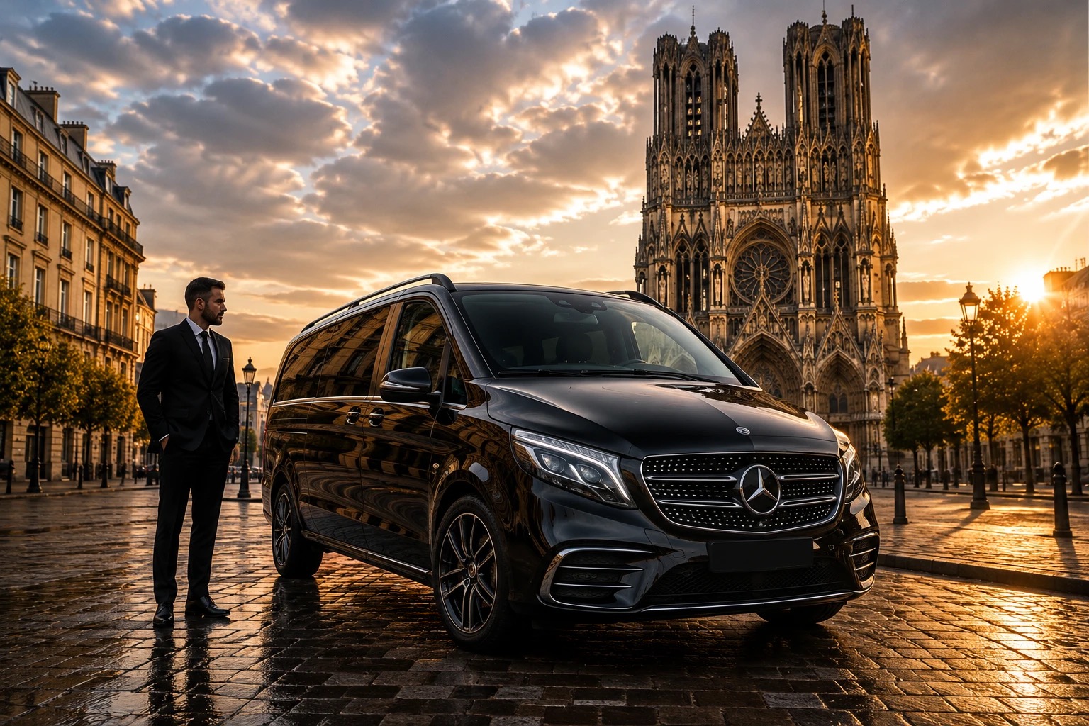 Chauffeur en costume à côté d’un van noir, devant la cathédrale de Reims au coucher du soleil